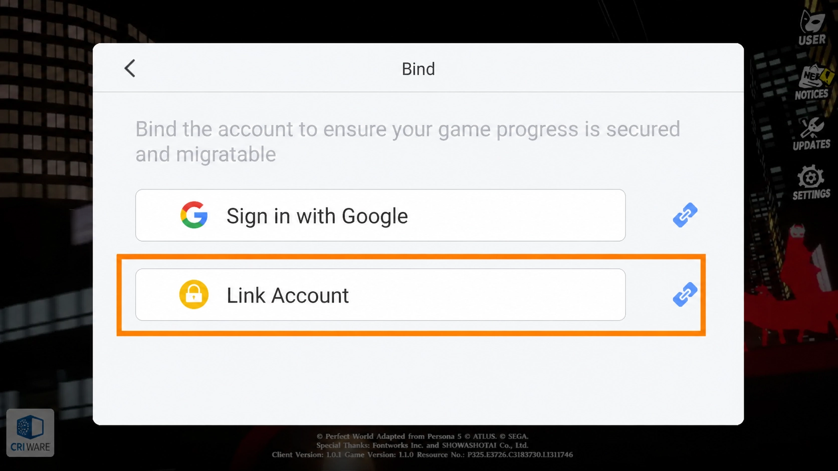 Persona5: The Phantom X Bind screen showing the Link Account option
