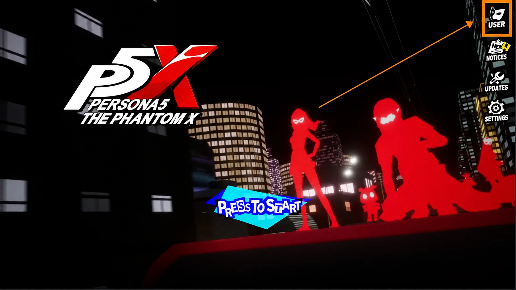 Persona5: The Phantom X login screen showing the USER button in the upper-right corner