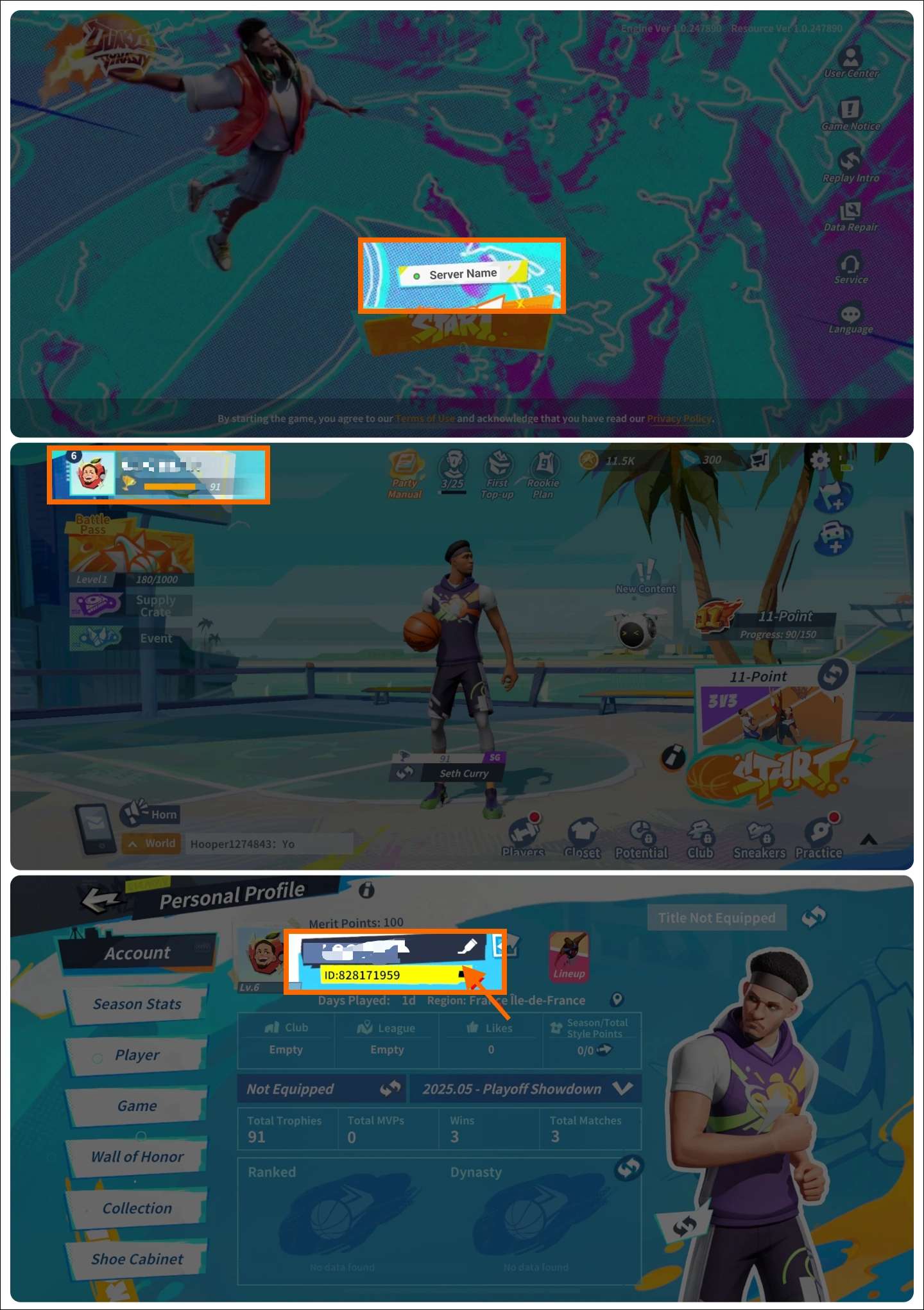 Dunk City Dynasty guide showing how to find the Server and UID required for top-up