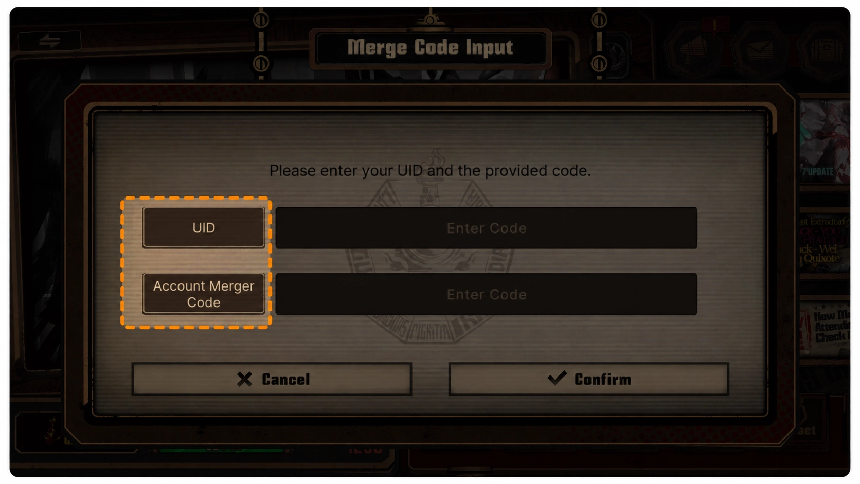 Limbus Company Merge Code Input-Bildschirm mit den Feldern UID und Account Merger Code