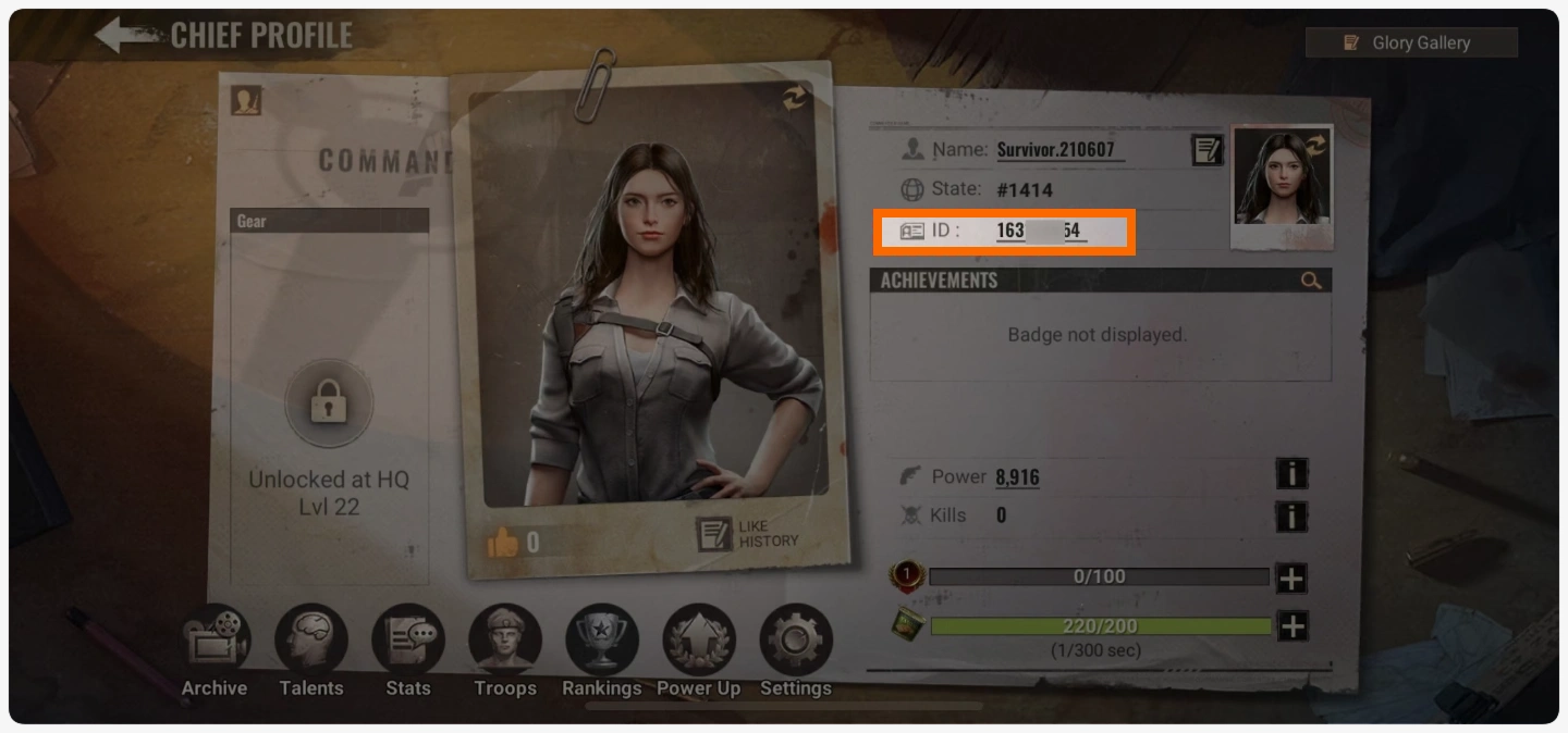 State of Survival: Zombie War player profile showing where to find the UID for top-up