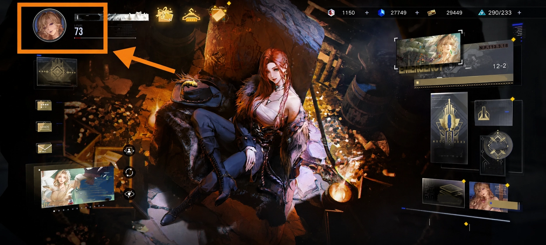 Path to Nowhere player avatar highlighted on the main screen for opening the profile page