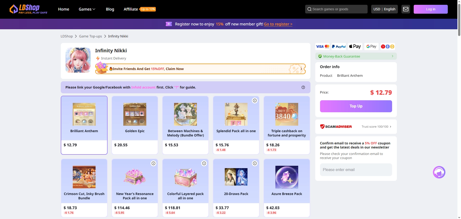 LDShop Infinity Nikki top-up page featuring Stellarite and in-game pack options with account-based Login Top-Up and supported payment methods.