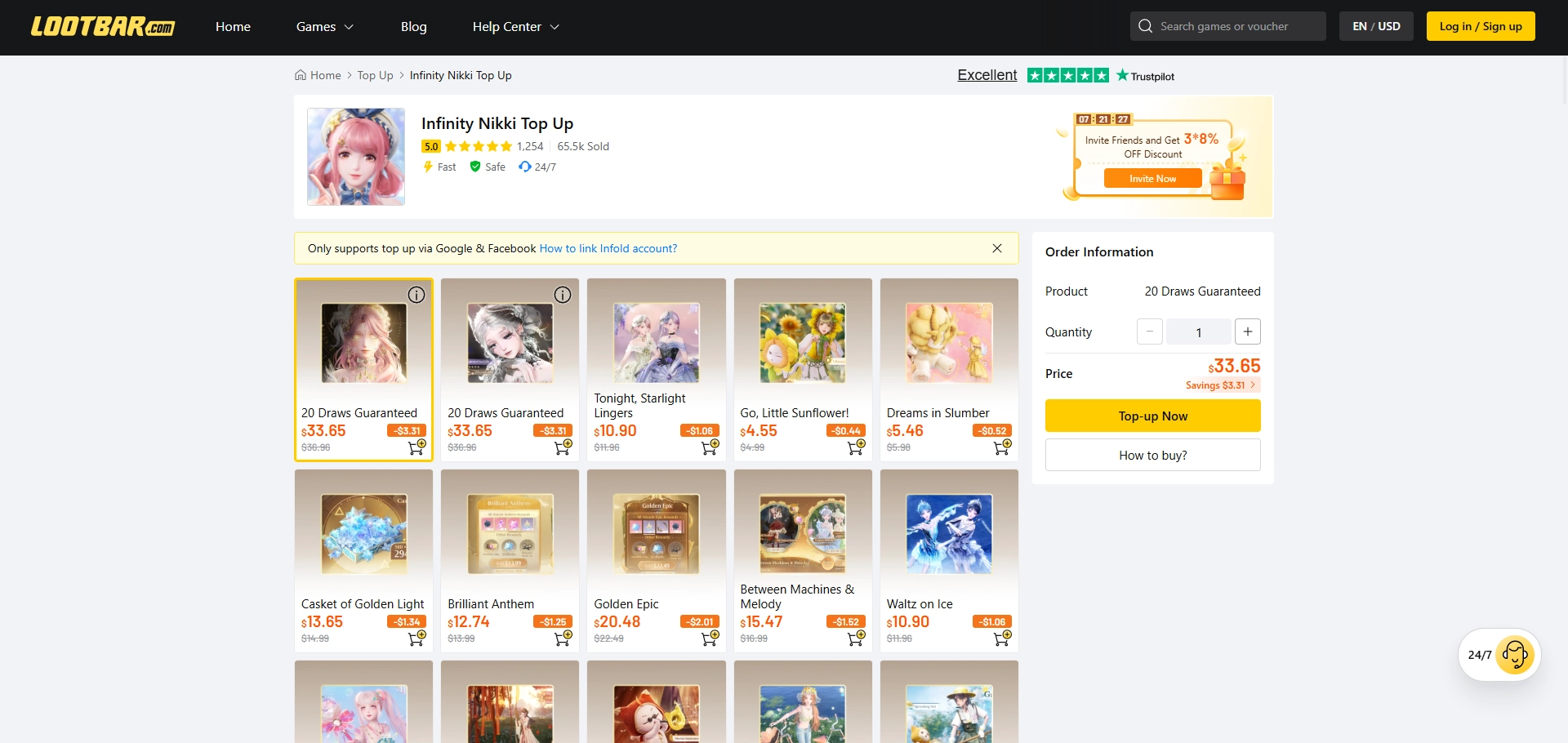 LootBar Infinity Nikki top-up page displaying Stellarites, Distant Anthem, Miracle Epic, featured packs, and Self-TopUp options for PC and mobile players.