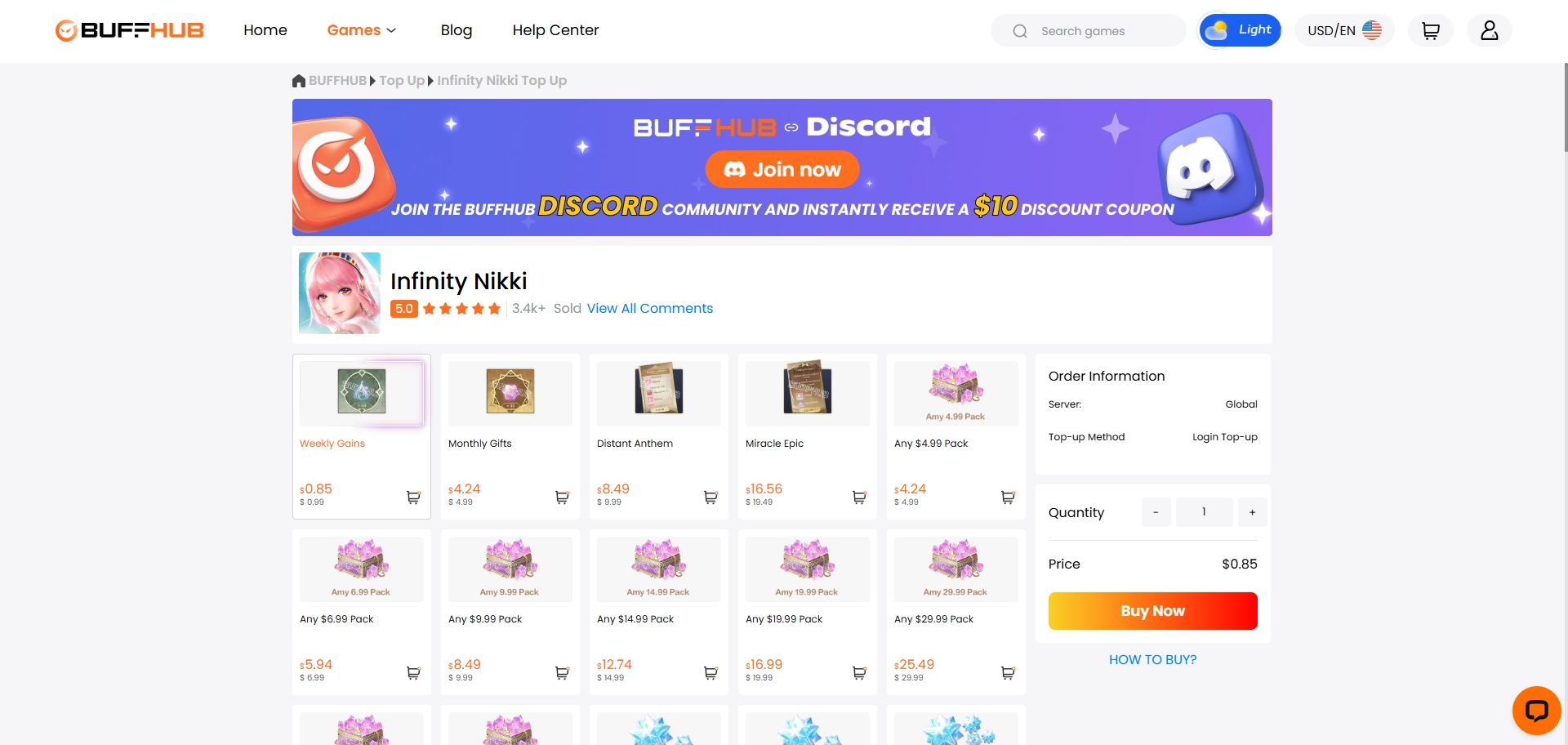 BuffHub Infinity Nikki top-up page showing Weekly Gains, Monthly Gifts, Distant Anthem, Miracle Epic, flexible pack options, and Global Login Top-Up checkout.