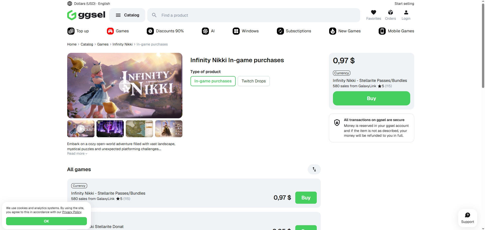 GGSel Infinity Nikki marketplace page showing Stellarite passes and bundles from individual sellers with seller-specific in-game purchase listings.