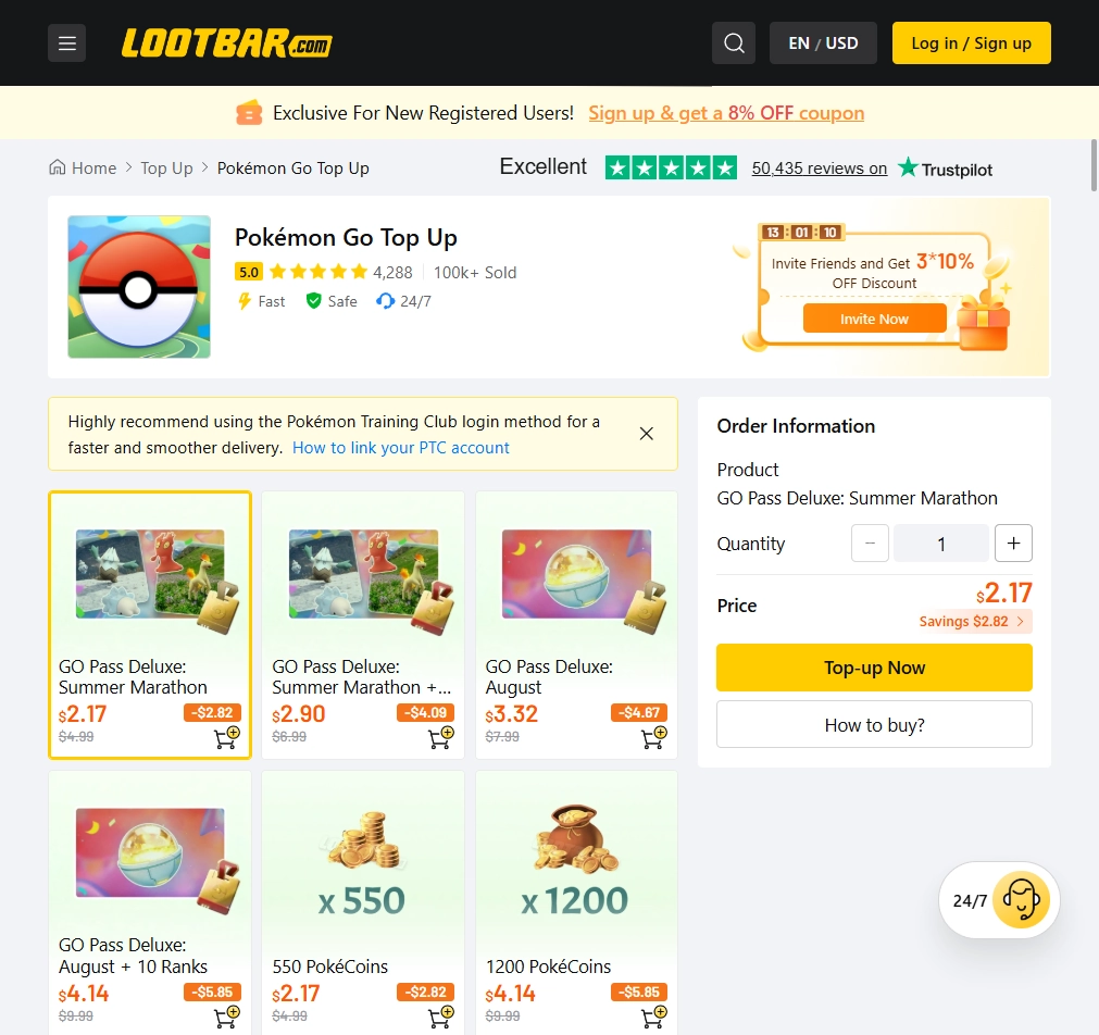 LootBar Pok&eacute;mon-GO-Aufladeseite mit GO-Pass-Deluxe-Bundles, Pok&eacute;M&uuml;nzen, Login-Hinweisen f&uuml;r den Pok&eacute;mon Trainer Club, Preisen und 24/7-Service.