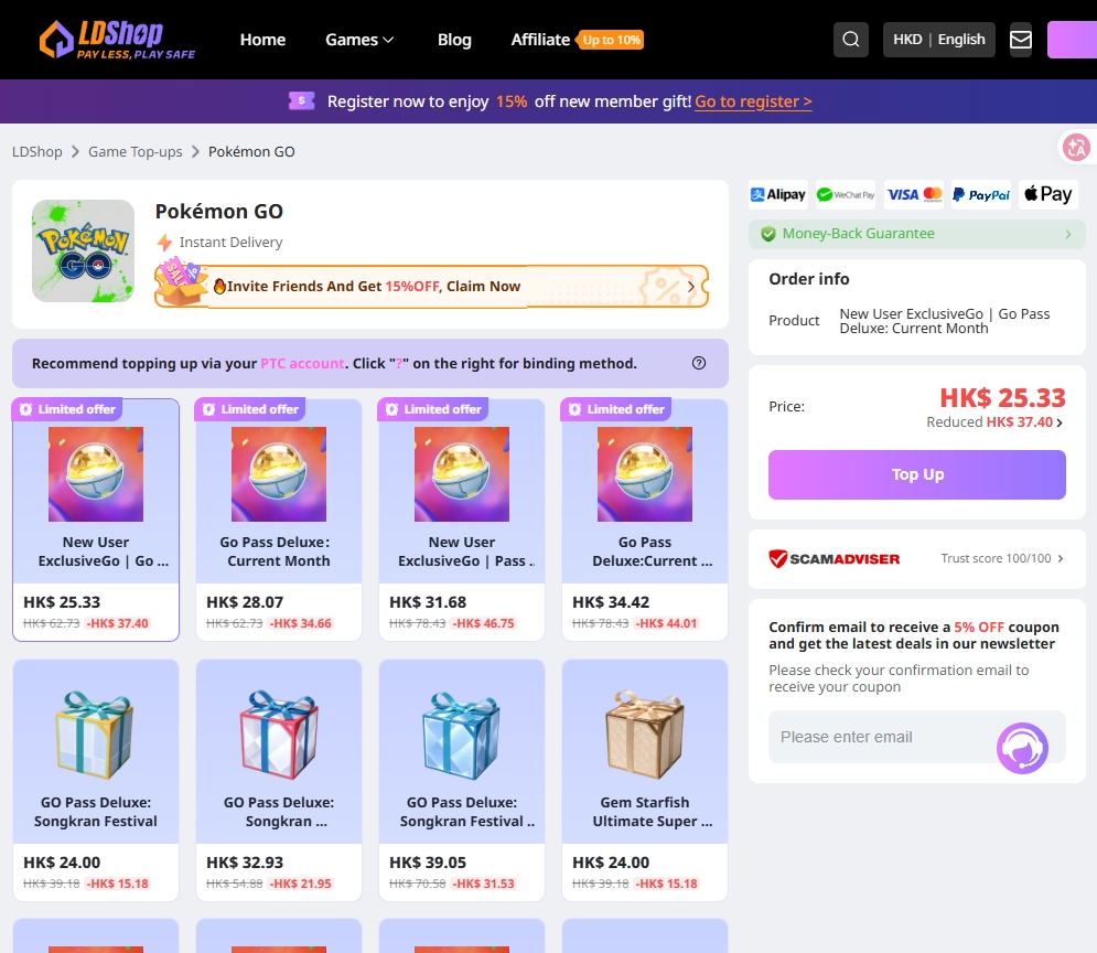 LDShop Pok&eacute;mon-GO-Aufladeseite mit GO-Pass-Deluxe-Paketen, zeitlich begrenzten Angeboten, Zahlungsmethoden, PTC-Login-Empfehlung und Checkout-Details.