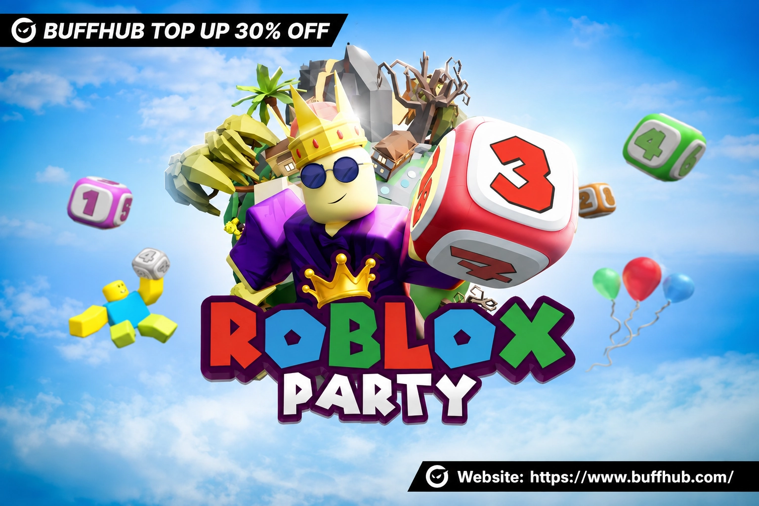 Roblox Party artwork featuring colorful characters, dice, and balloons representing party, casual, and minigame experiences on Roblox