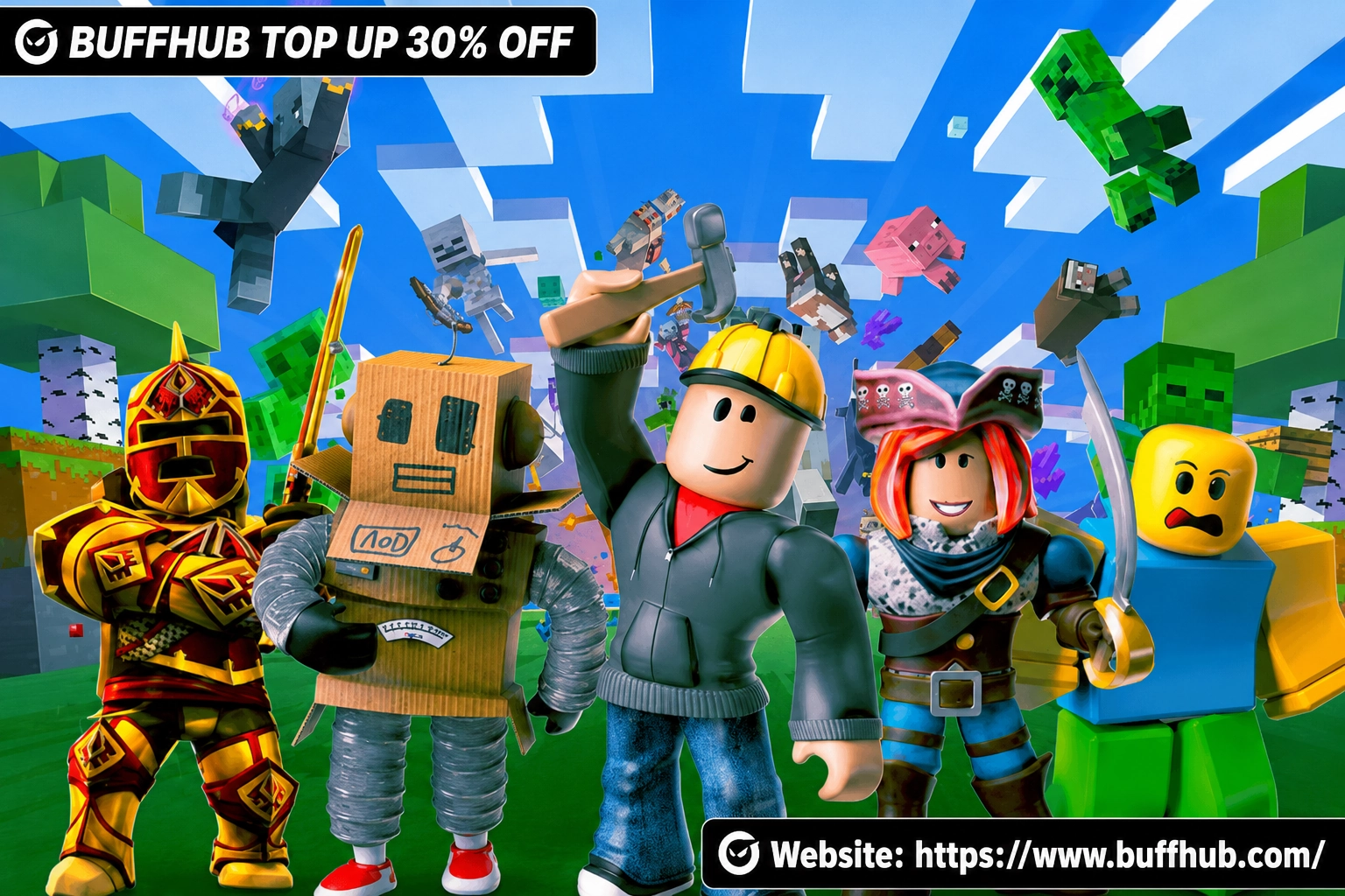 Roblox beginner guide artwork featuring diverse game characters and action scenes representing different Roblox game types and genres