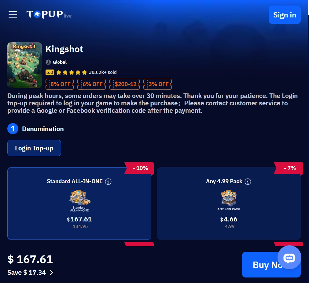 Kingshot top-up page on TOPUPlive showing Global server login top-up, Standard All-in-One packs, discounts, and purchase details.
