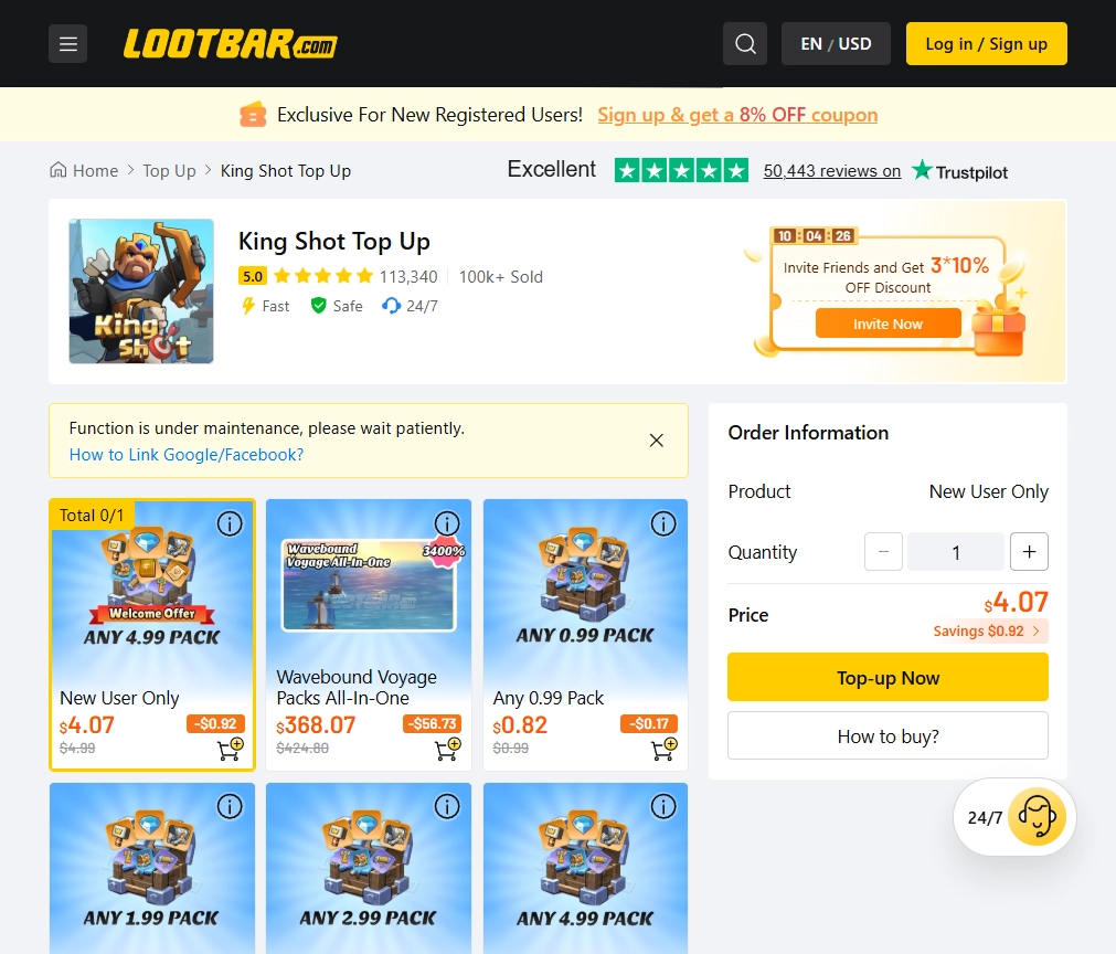 Kingshot top-up page on LootBar featuring self-top-up packs, discounted package options, Trustpilot reviews, and 24/7 support.