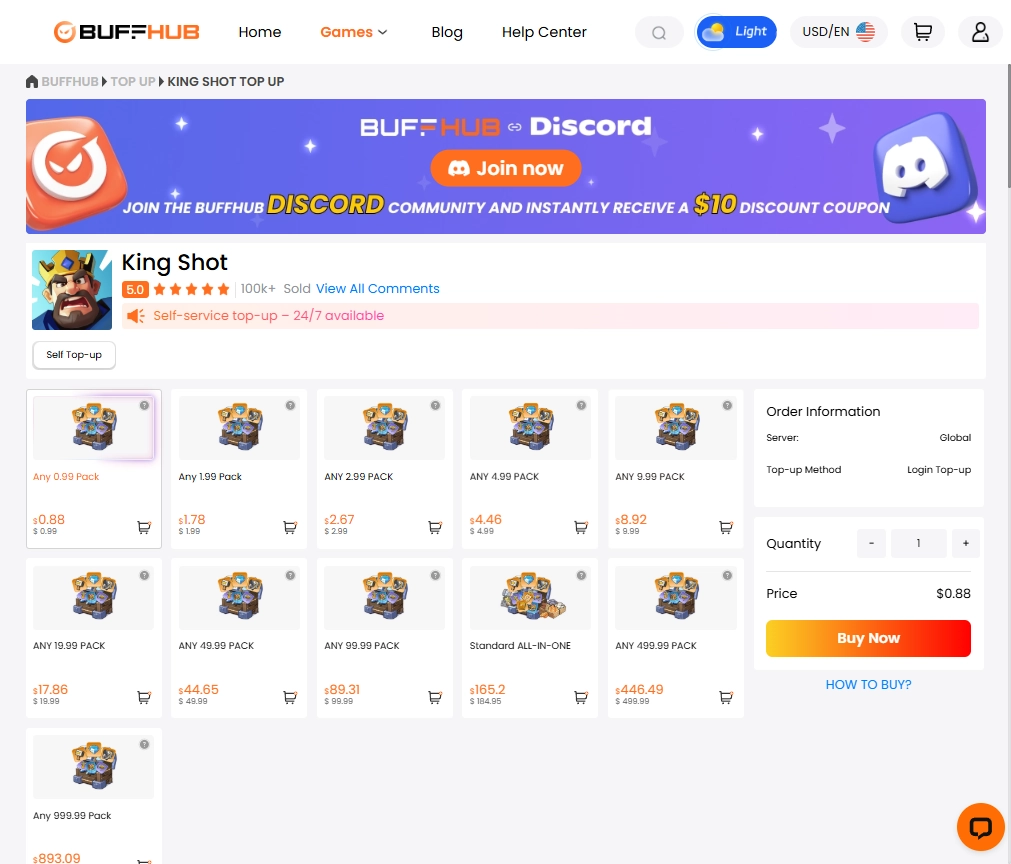 Kingshot top-up page on BuffHub showing Global server packs, self-service recharge options, prices, and order information.