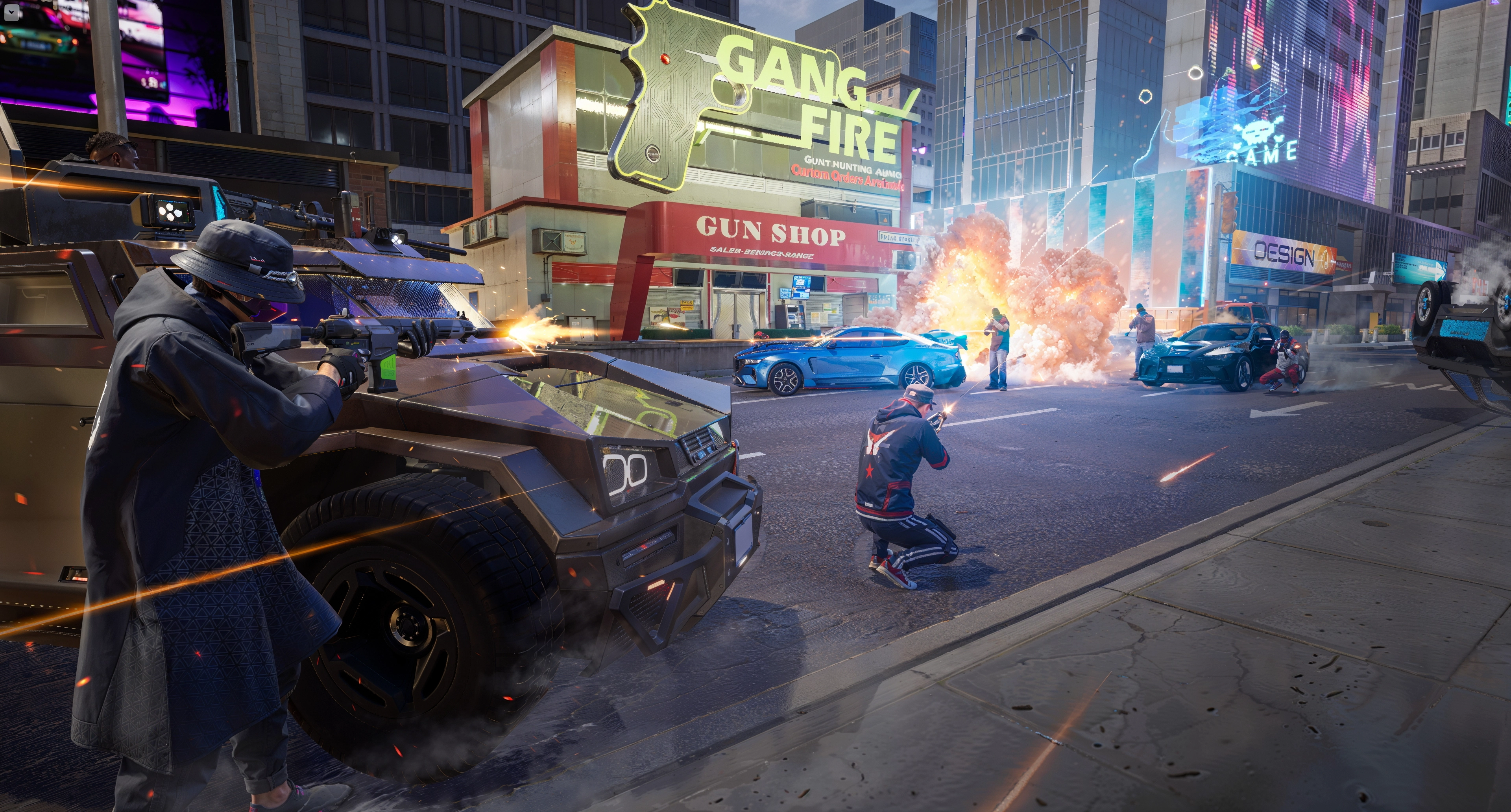 Gangstar Mirage City multiplayer gunfight outside a gun shop in Rooklyn