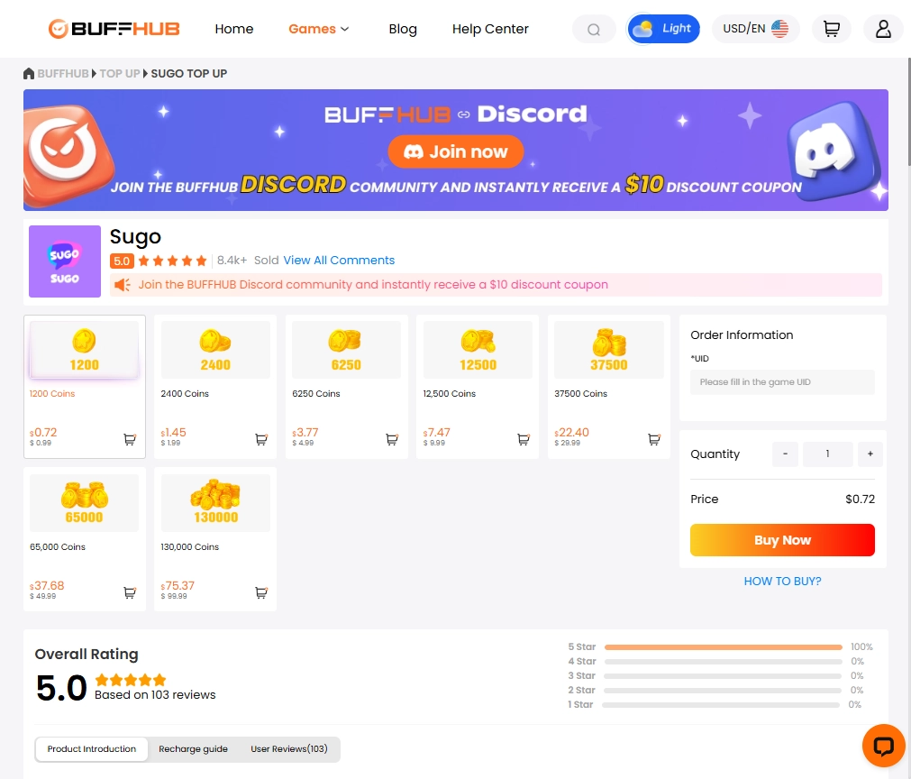 BuffHub SUGO top-up page showing SUGO Coin packages, UID recharge field, prices, customer rating, and Buy Now checkout options.