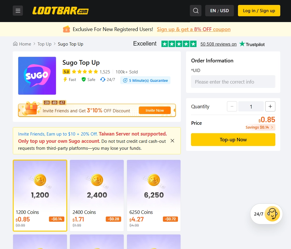 LootBar SUGO top-up page with SUGO Coin packages, UID recharge, pricing, Trustpilot reviews, delivery guarantee, and payment information.