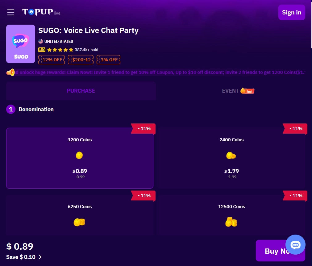 TOPUPlive SUGO top-up page showing SUGO Coin denominations, discounted prices, account region, and Buy Now recharge interface.