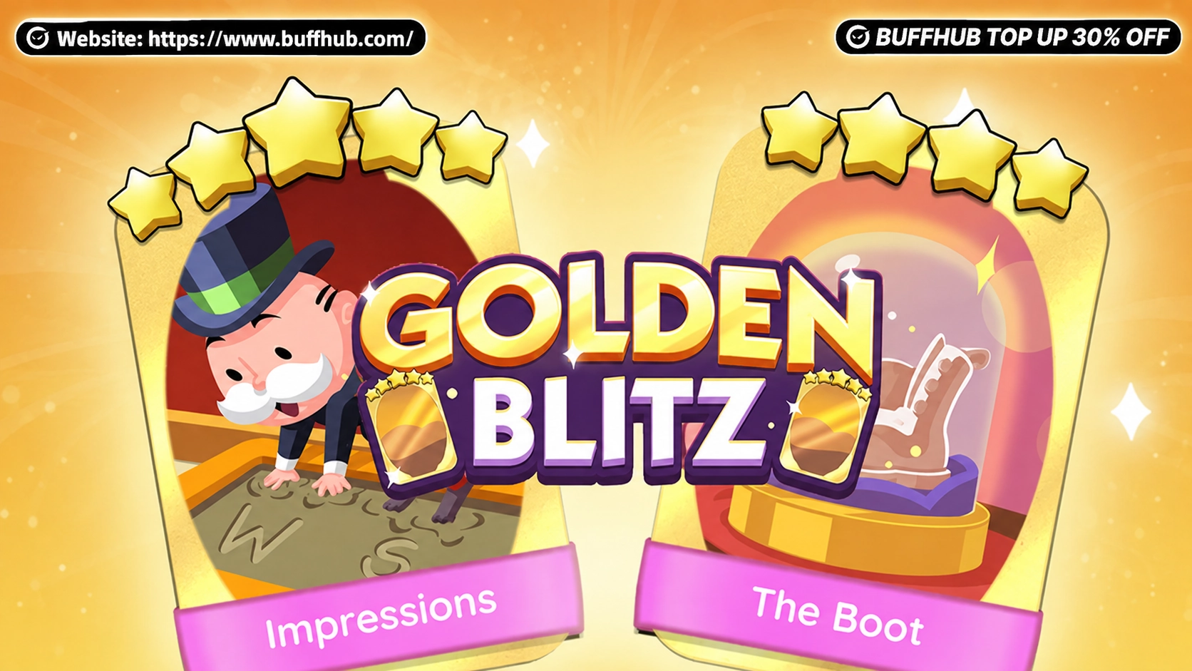 MONOPOLY GO Golden Blitz event example showing two featured Gold Stickers available for trading
