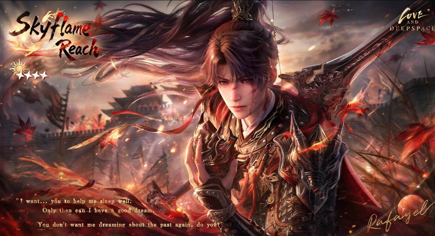Rafayel in Skyflame Reach for the Love and Deepspace Po Zhen Zi event, featuring his fiery martial outfit and Myth-themed artwork.