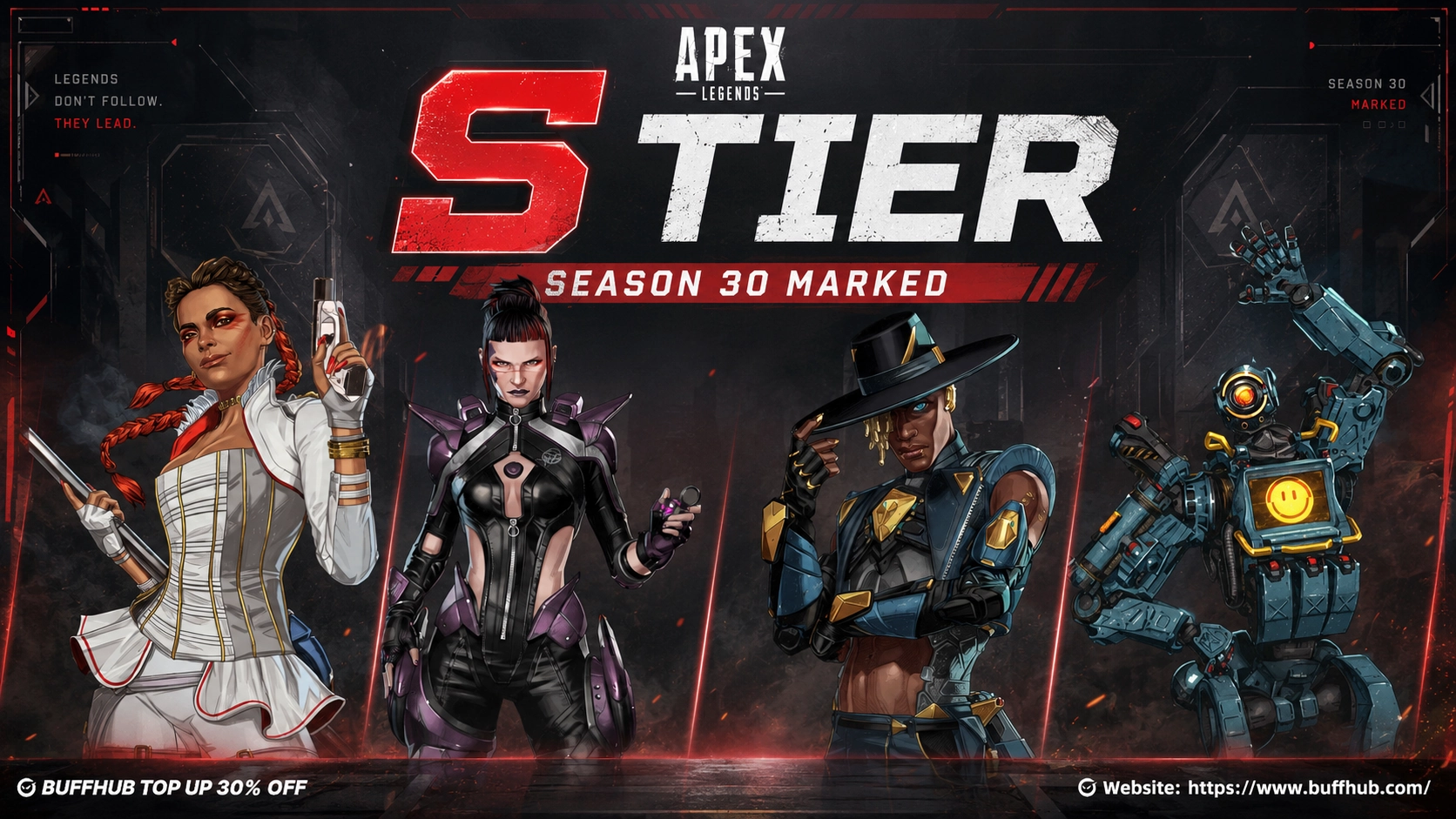 Apex Legends Season 30 S Tier Legends featuring Loba, Alter, Seer, and Pathfinder