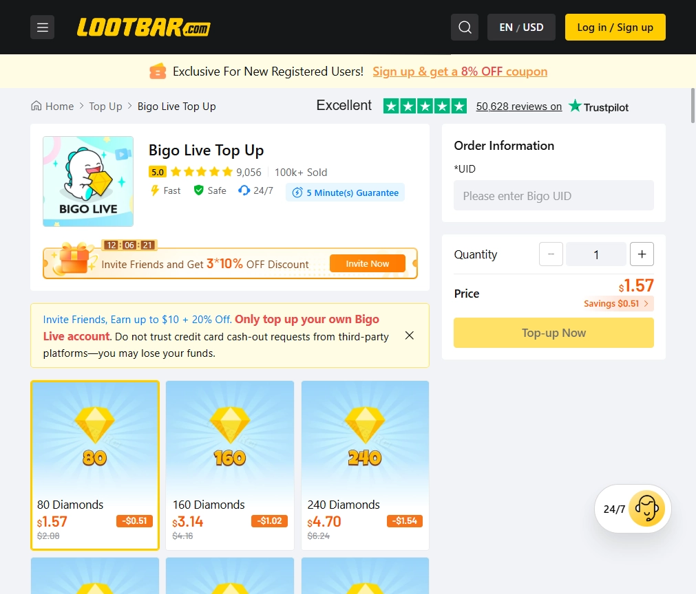 LootBar BIGO LIVE top-up page showing UID recharge, Diamond packages, 24/7 support, Trustpilot reviews, and top-up checkout.