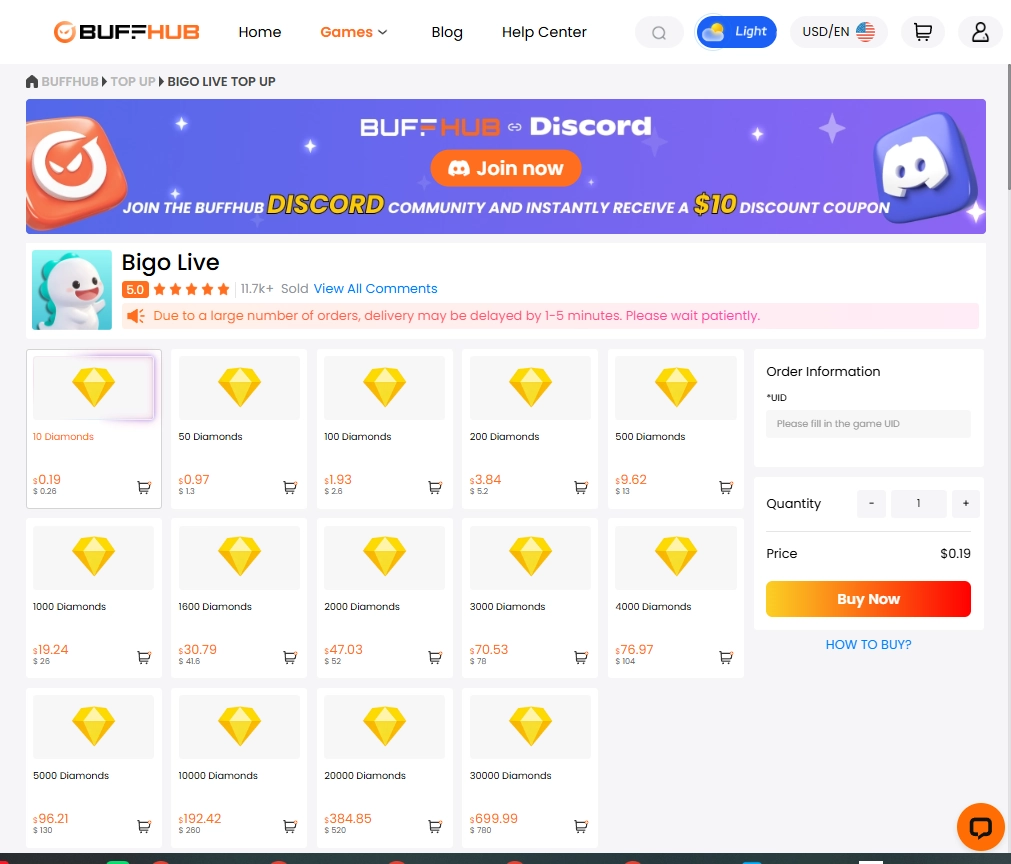 BuffHub BIGO LIVE top-up page showing UID recharge, BIGO Diamonds packages, pricing, payment options, and Buy Now checkout.