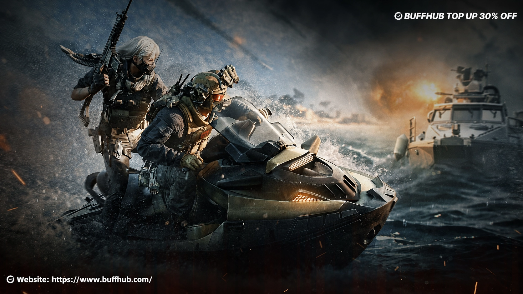 Delta Force Season 11 operators riding a watercraft during a high-speed combat scene, featuring naval action and tactical warfare.