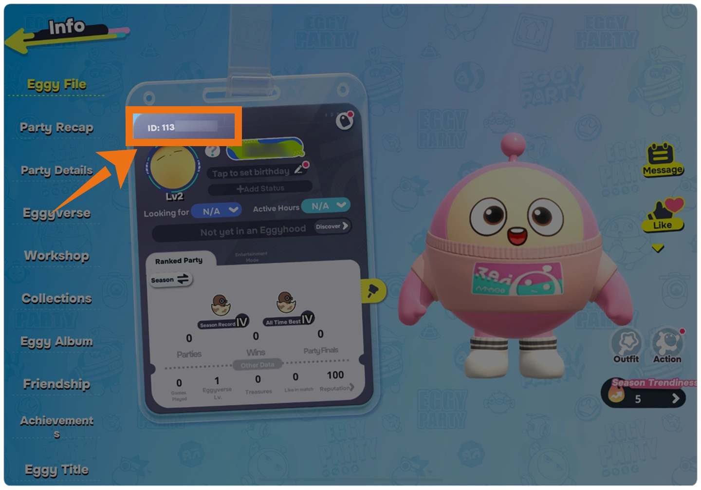 Eggy Party UID and character information on the profile page