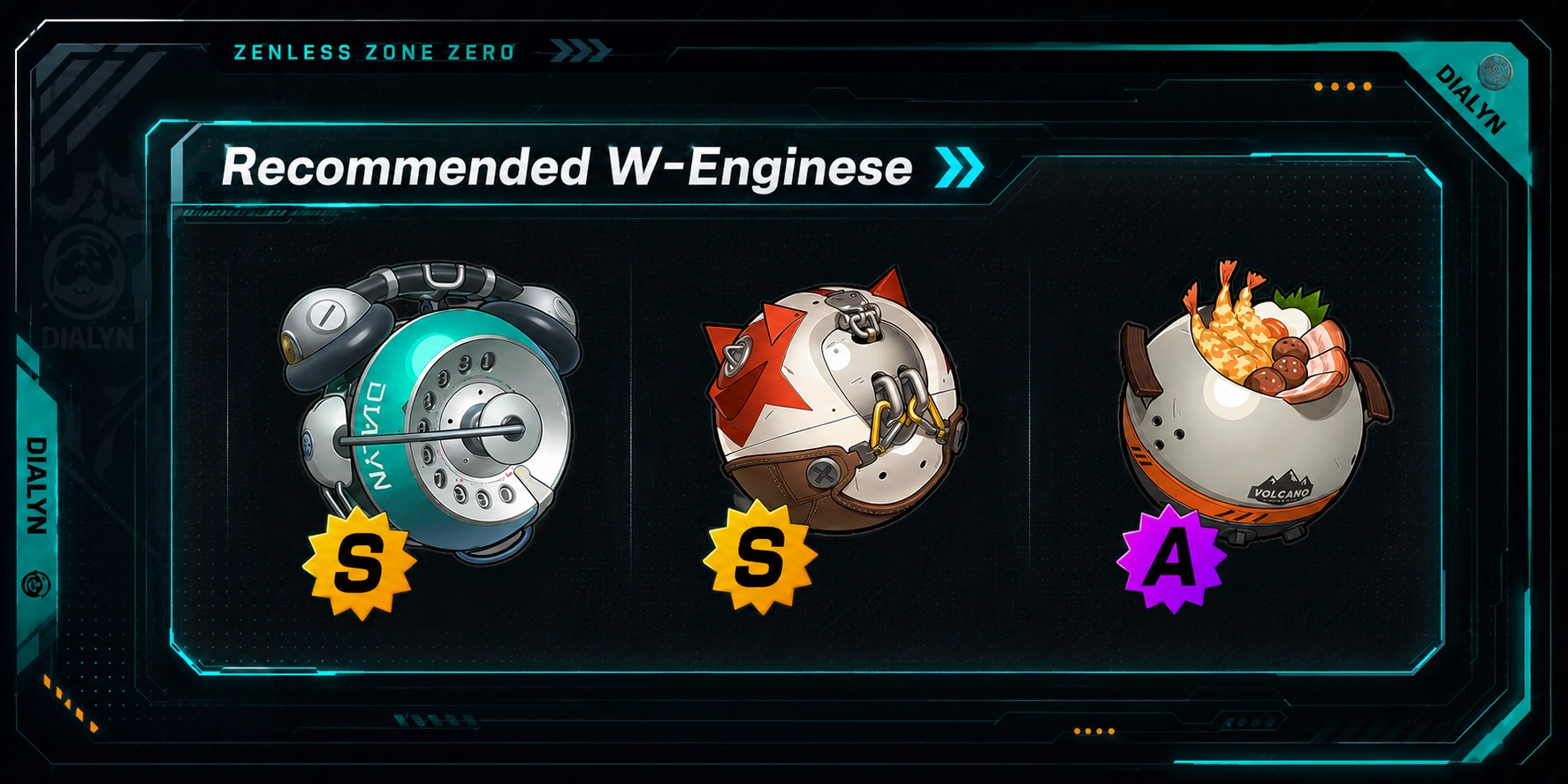 Best W-Engines for Dialyn in Zenless Zone Zero, featuring Yesterday Calls, Hellfire Gears, and Steam Oven as recommended Stun weapon options.