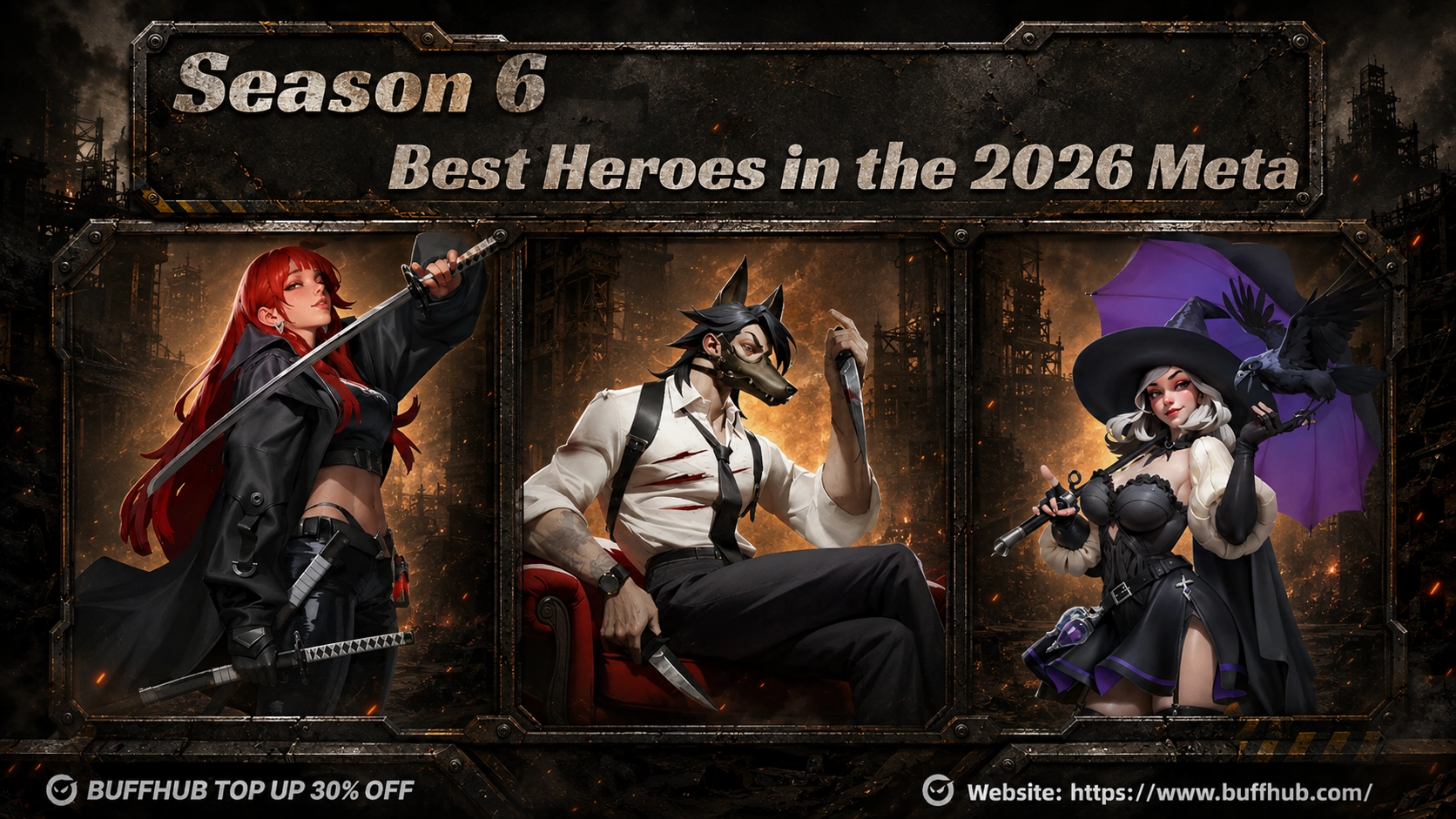 Dark War Survival Season 6 best heroes in the 2026 meta, featuring Ella, Sebastian, and Selwyn as top Fighter, Shooter, and Rider choices.