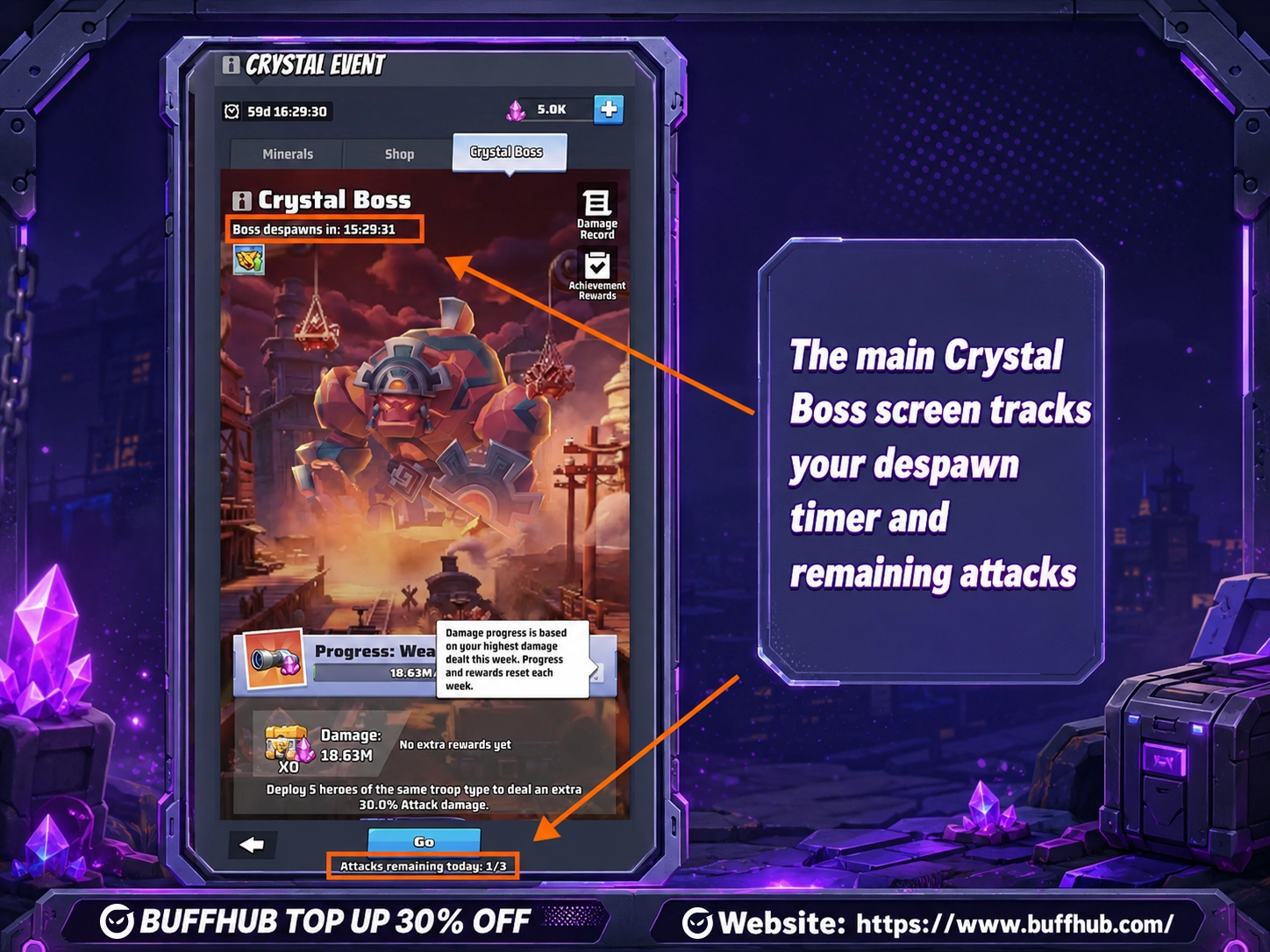 Last War Survival Crystal Event Crystal Boss screen showing boss despawn timer, weekly damage progress, and remaining daily attack attempts.