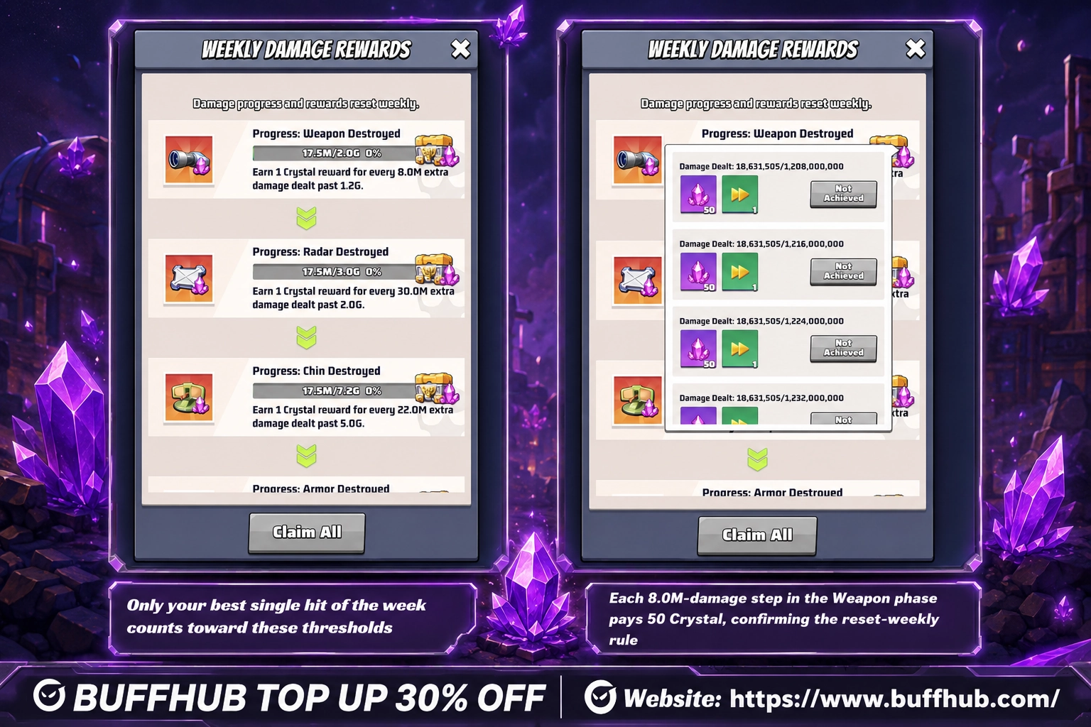 Last War Survival Crystal Boss weekly damage rewards screen showing single-hit damage thresholds, Amethyst Crystal rewards, and weekly reset progress.