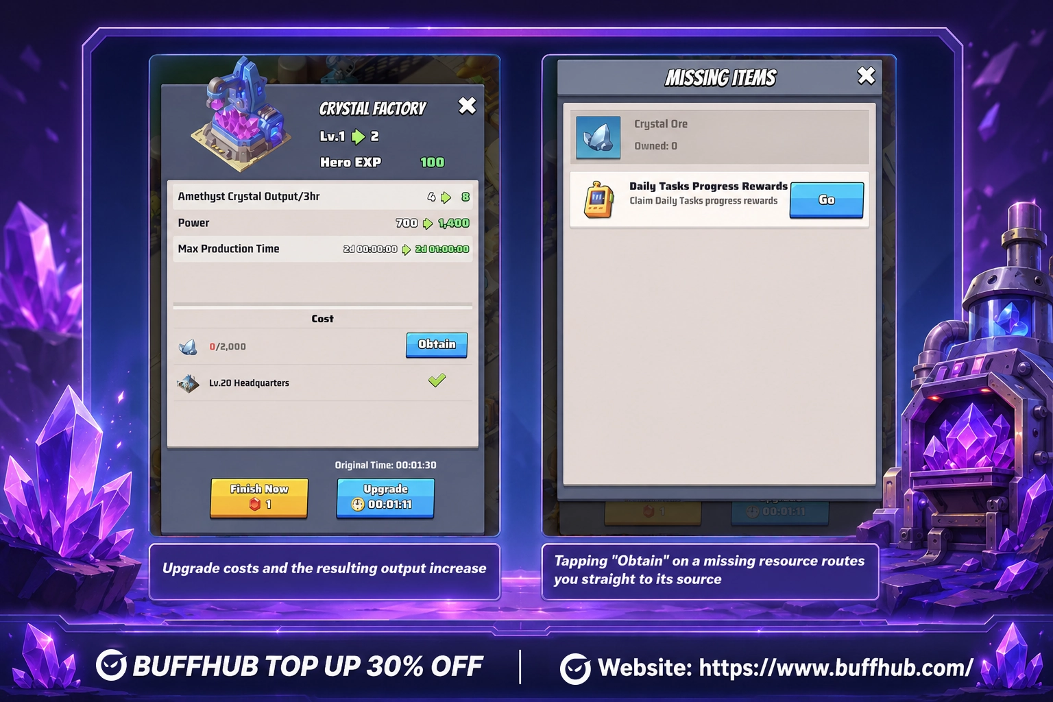 Last War Survival Crystal Factory upgrade screen showing Amethyst Crystal output, Crystal Ore cost, and Daily Tasks as the Crystal Ore source.
