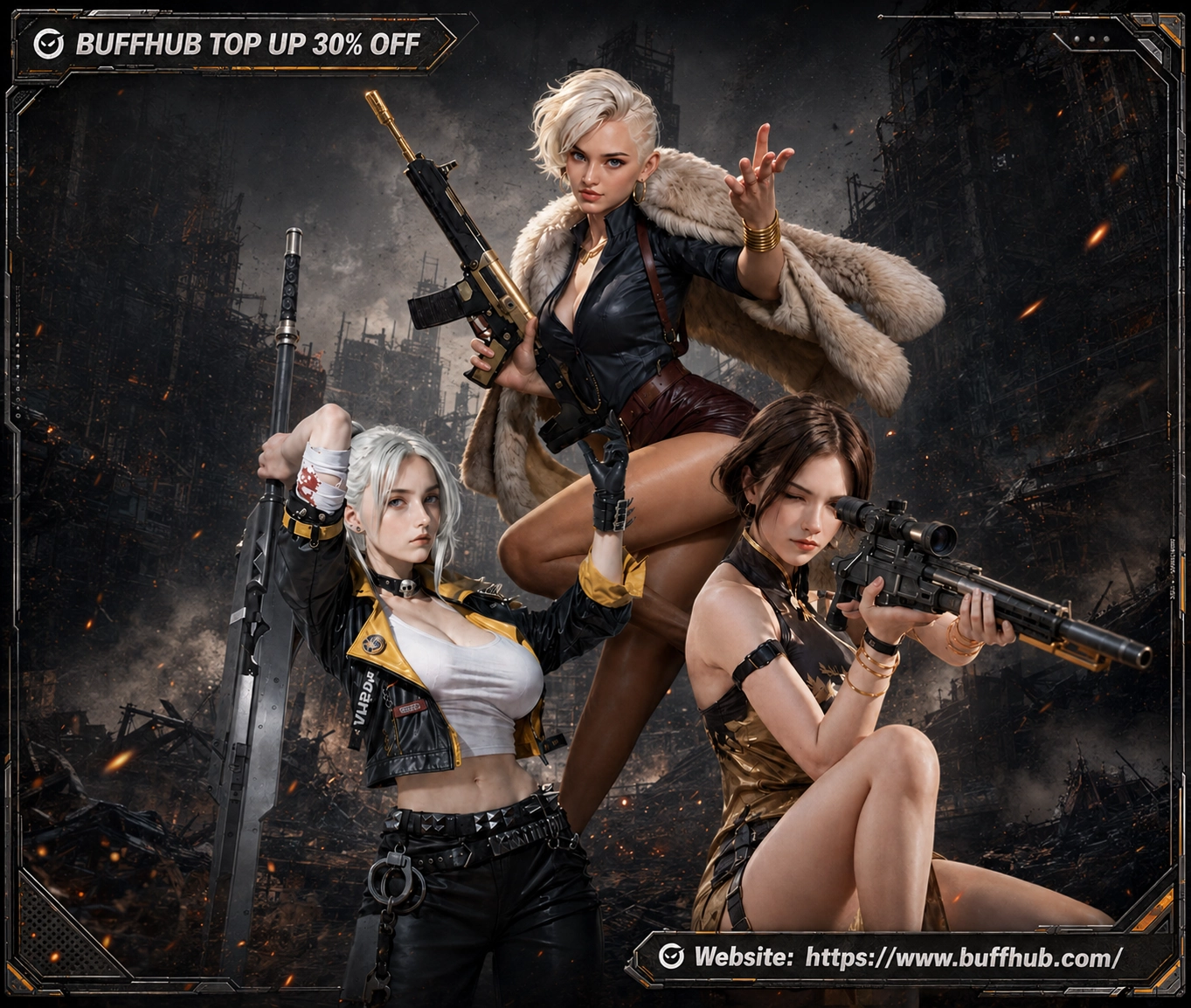 Last Z Season 4 heroes Queenie, Amber, and Yu Chan posing with their weapons on a ruined battlefield