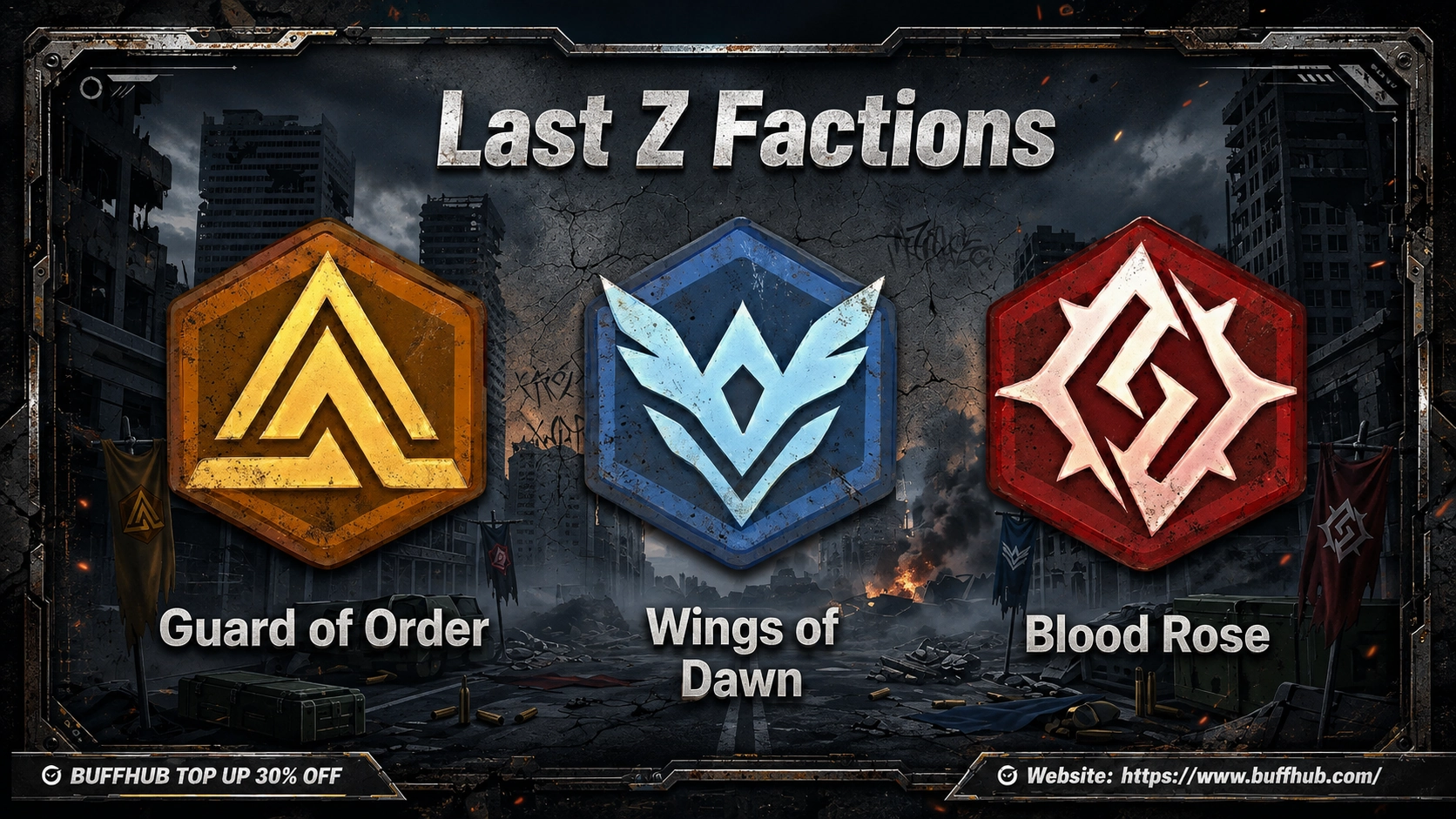 Last Z factions Guard of Order, Wings of Dawn, and Blood Rose with their faction emblems