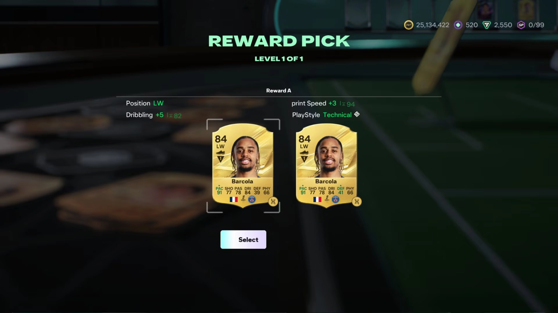 EA SPORTS FC 27 Evolution Pathways screen comparing two upgrade choices for a Player Item