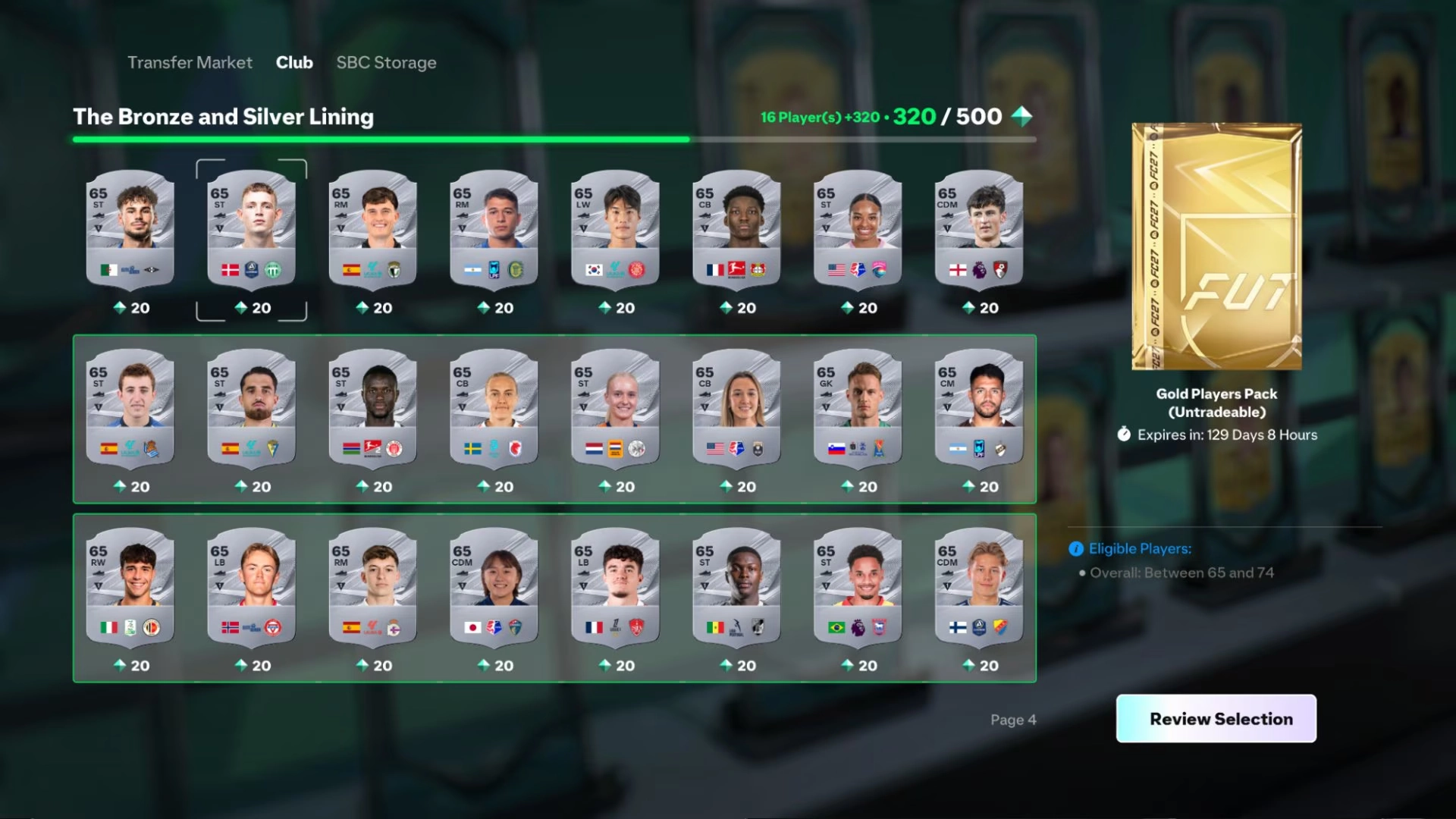 EA SPORTS FC 27 Streamlined SBC screen showing eligible Player Items and progress toward a target score