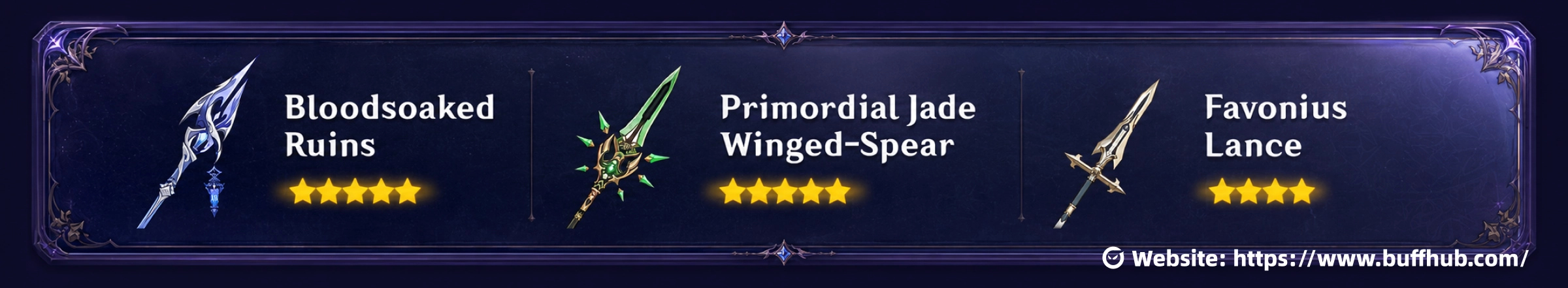 Best weapons for Flins in Genshin Impact, including Bloodsoaked Ruins, Primordial Jade Winged-Spear, and Favonius Lance.