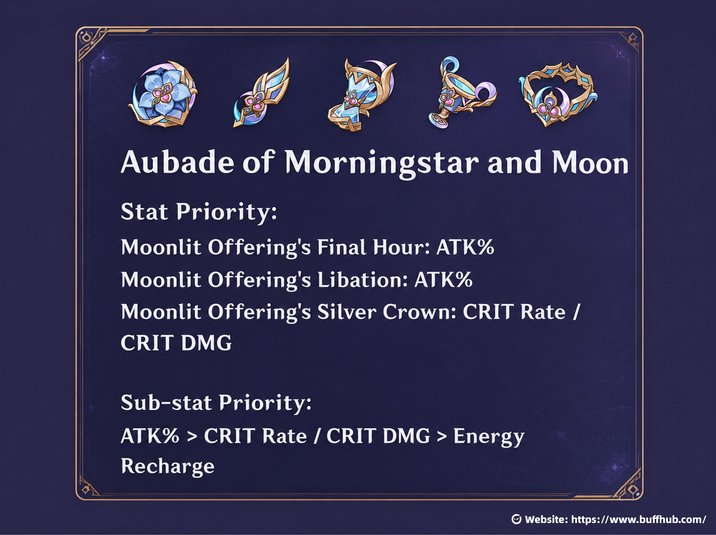 Best artifact set for Ineffa in Genshin Impact, Aubade of Morningstar and Moon, with ATK%, CRIT Rate, CRIT DMG, and Energy Recharge priorities.