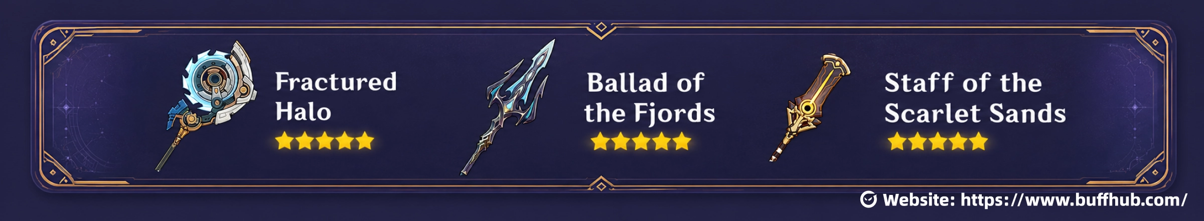 Best weapons for Ineffa in Genshin Impact, including Fractured Halo, Ballad of the Fjords, and Staff of the Scarlet Sands.