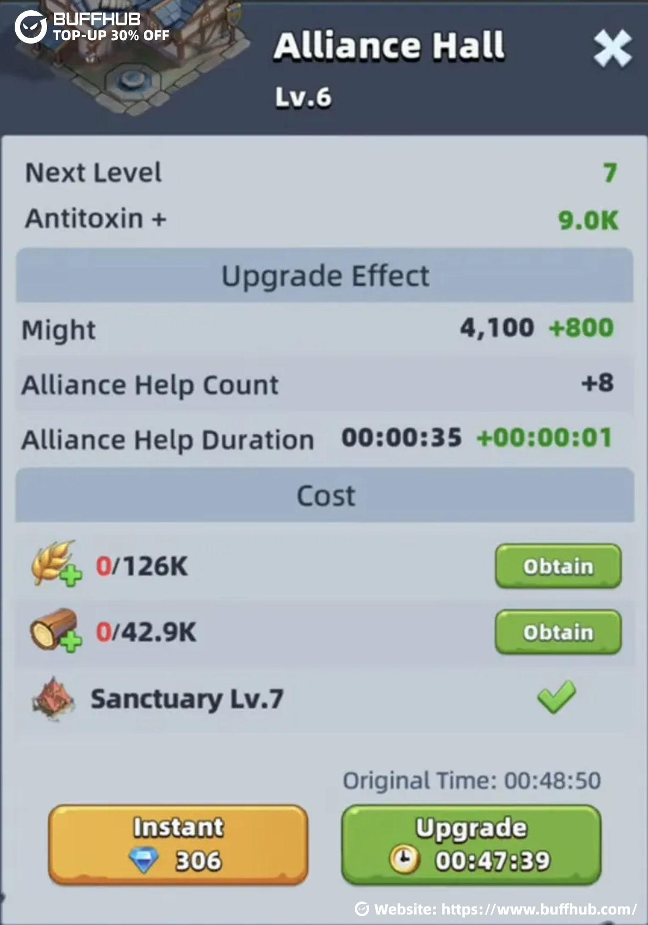 Last Asylum Plague building upgrade screen for Alliance Duel Day 2