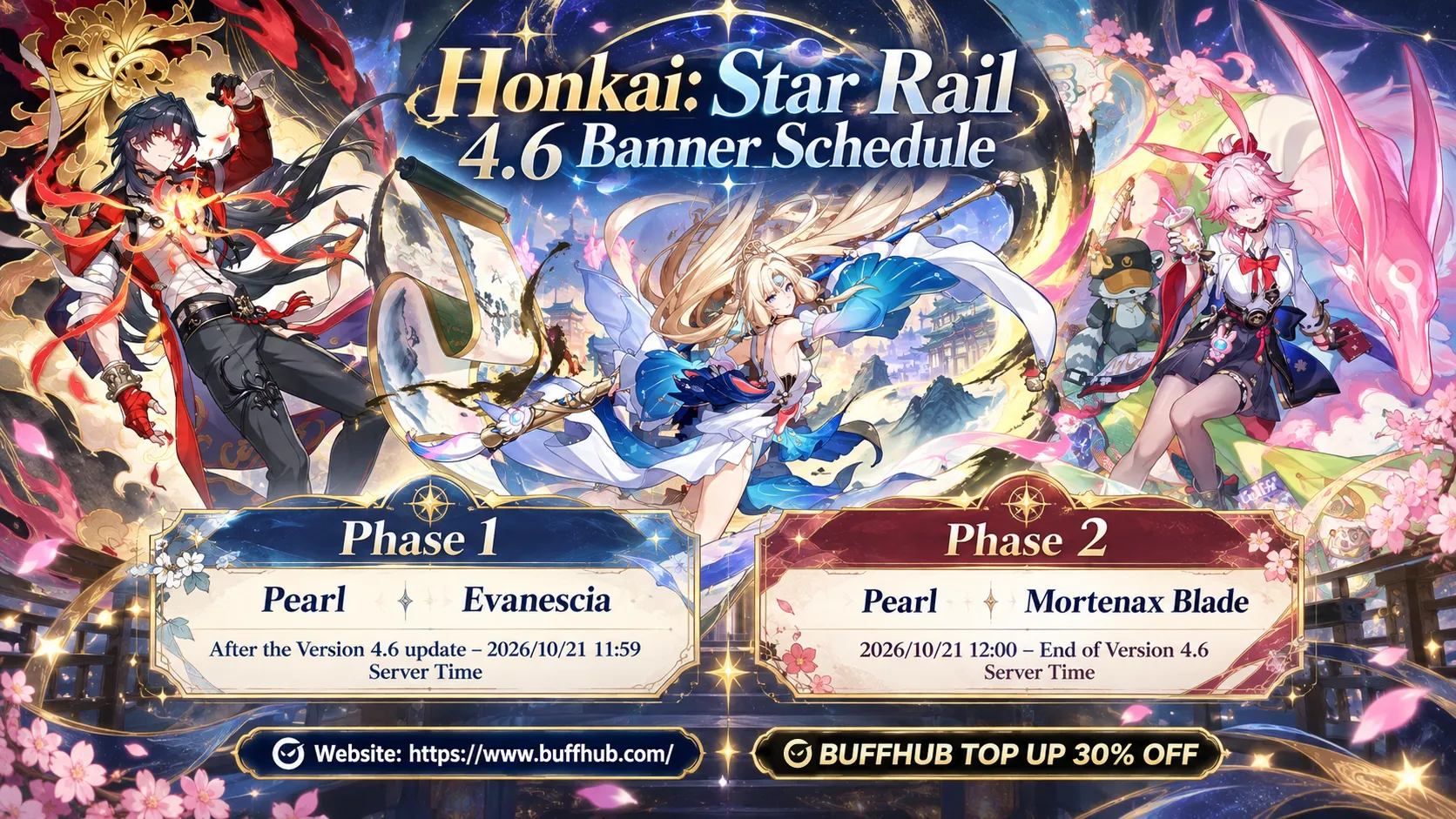 Honkai Star Rail 4.6 banner schedule with Pearl and Evanescia in Phase 1 and Mortenax Blade in Phase 2