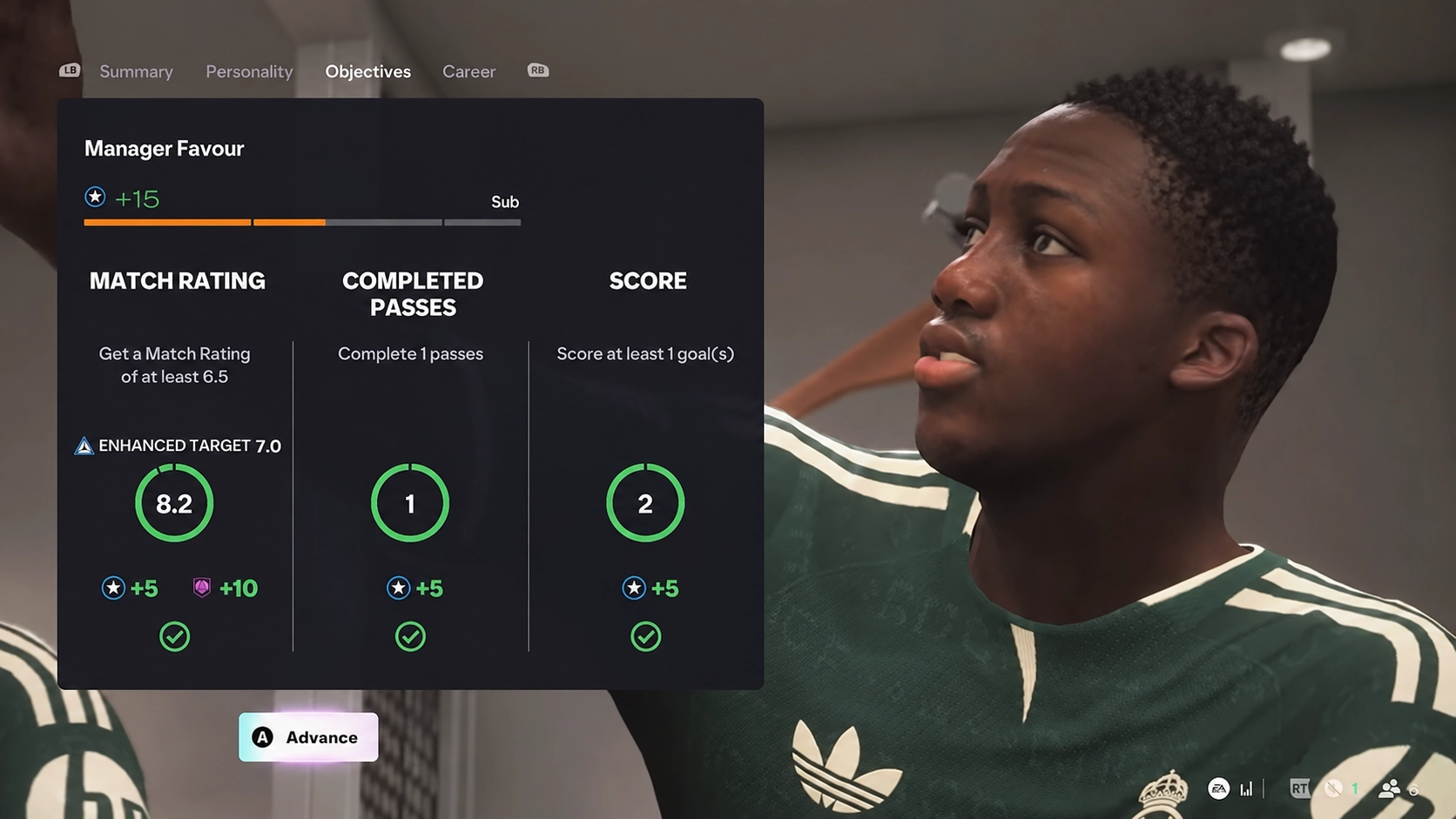 FC 27 Player Career match objectives completed with an 8.2 rating, one completed pass and two goals