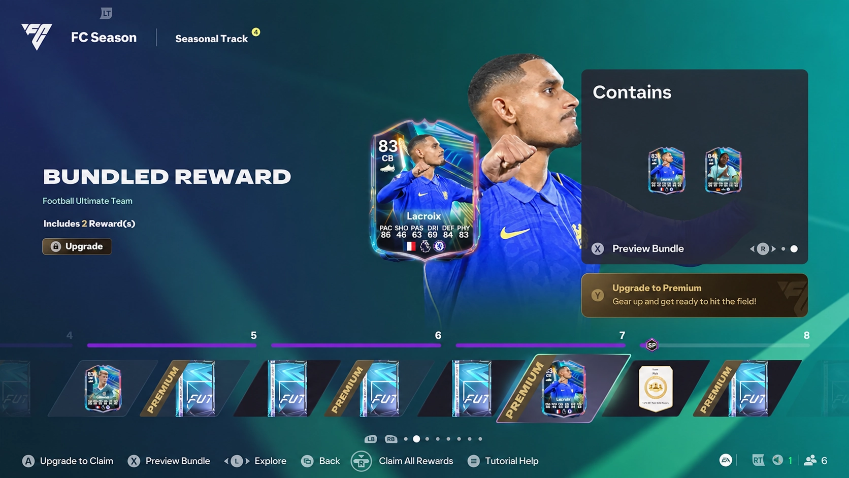 FC 27 Season 1 Premium Pass showing OTW Maxence Lacroix as a Level 7 reward