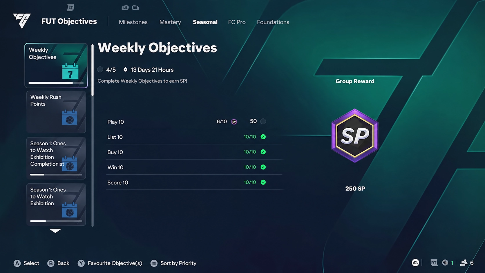 FC 27 Ultimate Team weekly objectives showing task progress and a 250 SP group reward