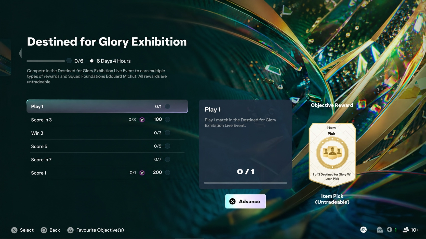 FC 27 Destined for Glory Play 1 objective rewarding a one-of-three Week 1 loan player pick