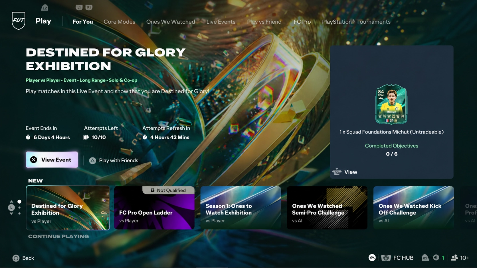 FC 27 Destined for Glory Exhibition menu showing Long Range rules and 10 available attempts