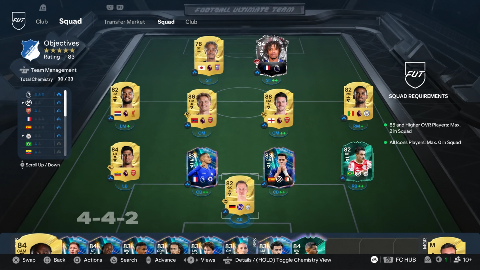 FC 27 Destined for Glory Exhibition squad example with a maximum of two 85-plus players and no Icons