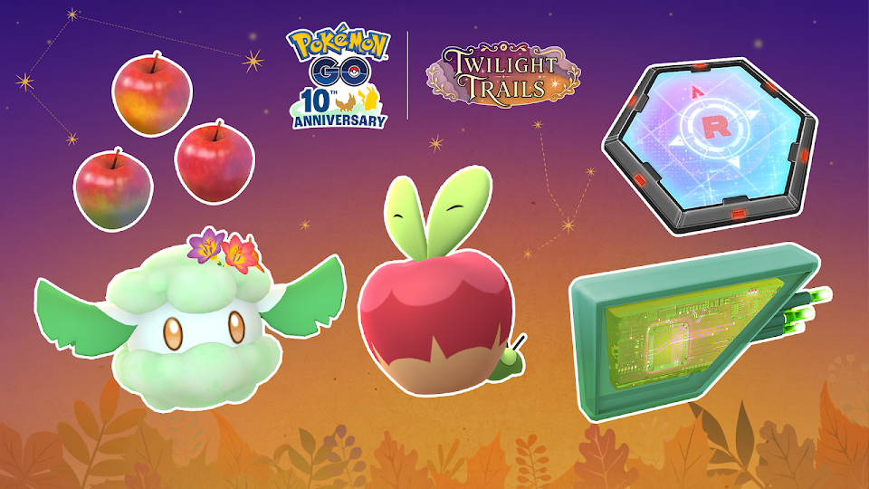Pokémon GO Harvest Festival artwork featuring Applin, flower crown Cottonee, apples, a Mossy Lure Module, and a Super Rocket Radar