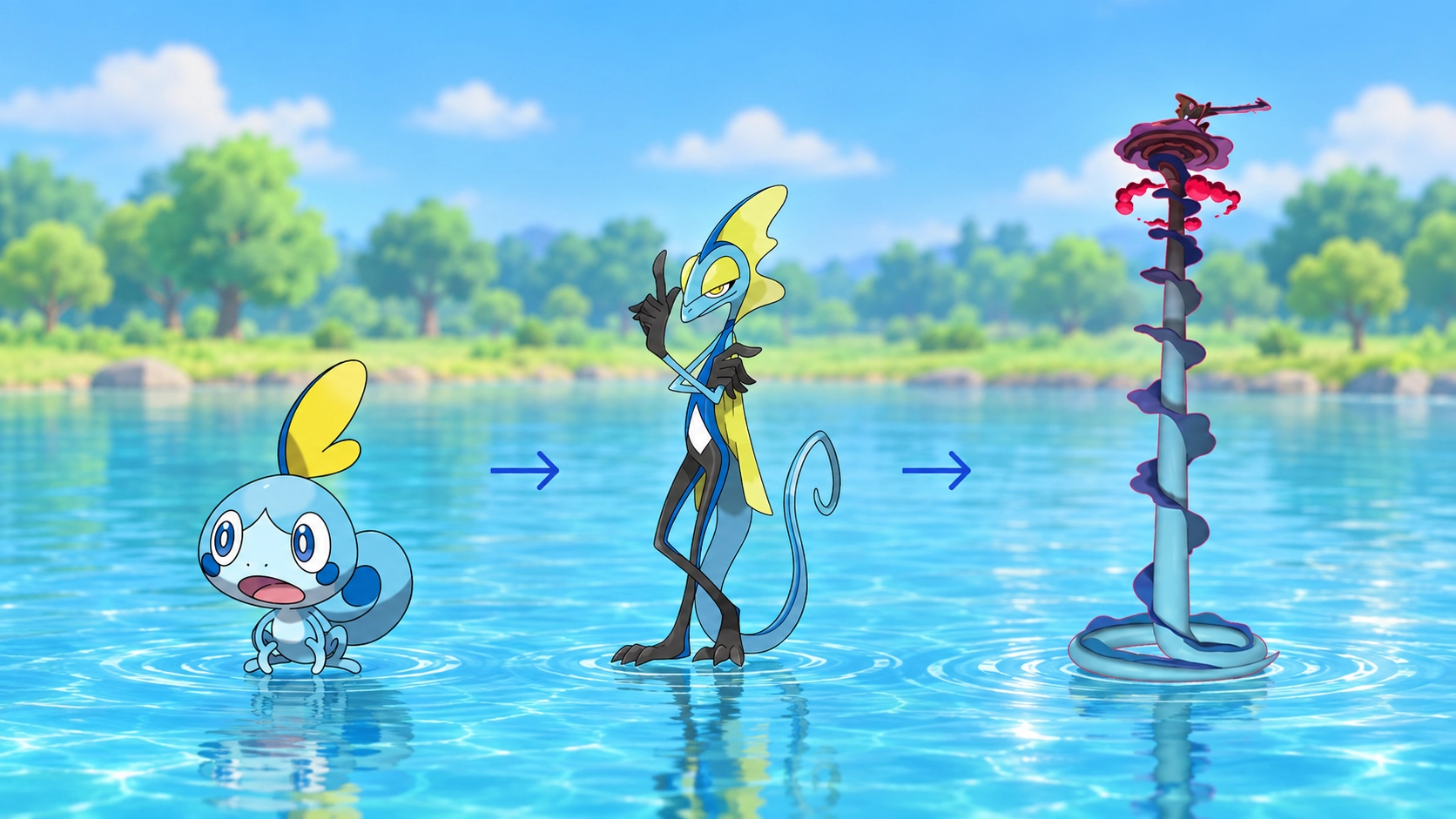 Sobble, Inteleon, and Gigantamax Inteleon shown side by side for a Pok&eacute;mon GO Water-type comparison